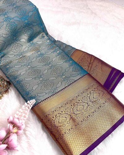 Kanchi Tissue Semi Silk Saree | Sky Blue | Purple - view 2