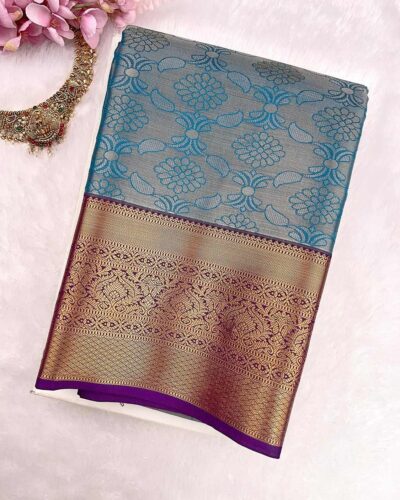 Kanchi Tissue Semi Silk Saree | Sky Blue | Purple - view 3