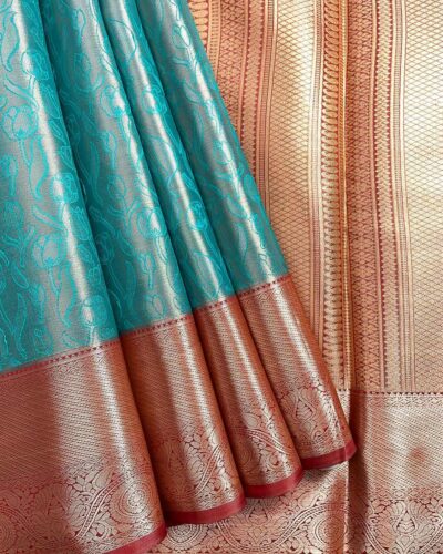 Kanchi Tissue Semi Silk Saree | Turquoise Blue | Red