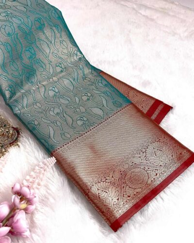 Kanchi Tissue Semi Silk Saree | Turquoise Blue | Red - view 2