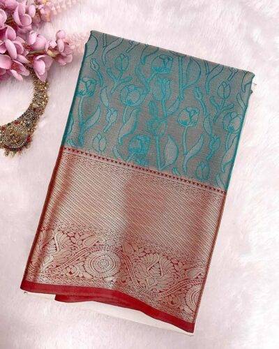 Kanchi Tissue Semi Silk Saree | Turquoise Blue | Red - view 3