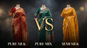 Pure silk vs pure mix vs semi silk saree comparison banner - Adharsh Silks