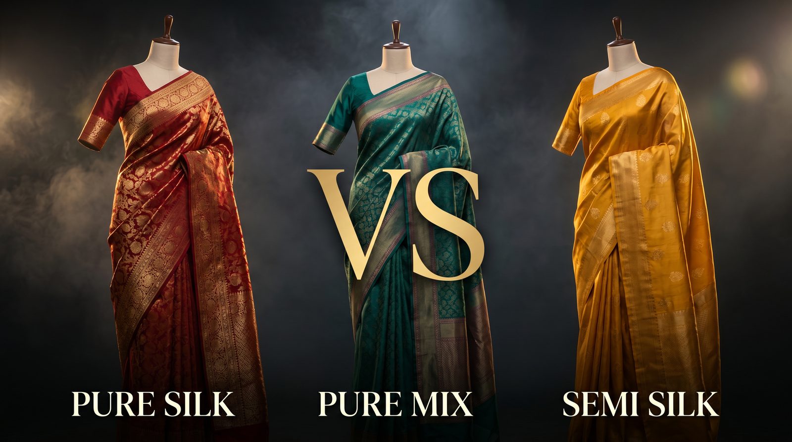 Pure silk vs pure mix vs semi silk saree comparison banner - Adharsh Silks