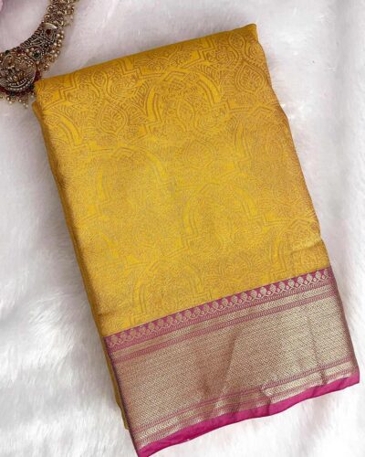 Raniva Semi Bridal Saree | Golden Yellow | Rani Pink - detail
