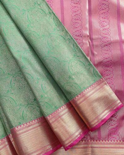 Raniva Semi Bridal Saree | Mint Green | Rani Pink - detail