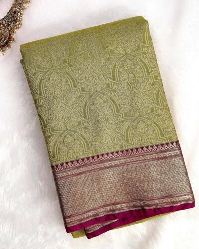 Raniva Semi Bridal Saree | Olive Green | Wine Purple