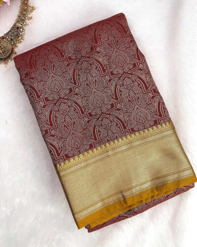 Raniva Semi Bridal Saree | Wine Maroon | Mustard Gold
