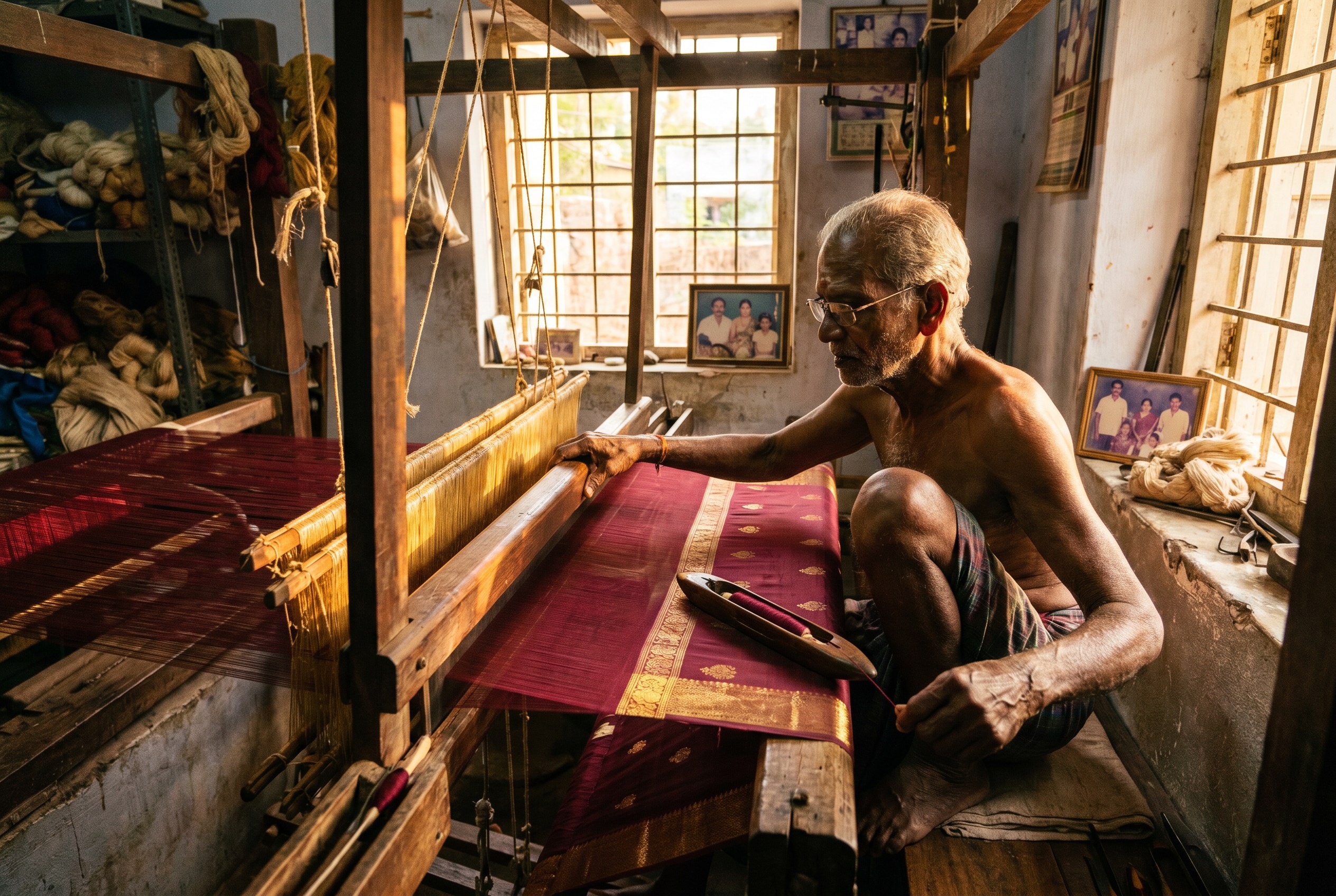 Handloom weaver weaving a silk saree in Sirumugai