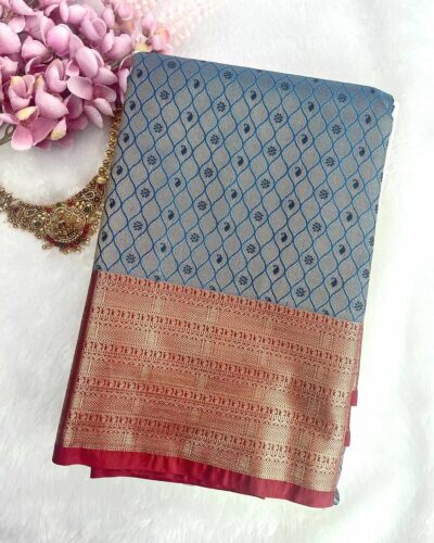 Zariam Semi Bridal Saree Blue with Red pallu and antique zari - Adharsh Silks
