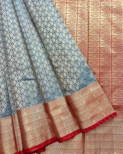 Zariam Semi Bridal Saree Blue with Red pallu and antique zari - Adharsh Silks