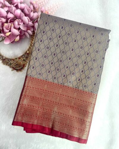 Zariam Semi Bridal Saree Cream Grey with Red pallu and antique zari - Adharsh Silks