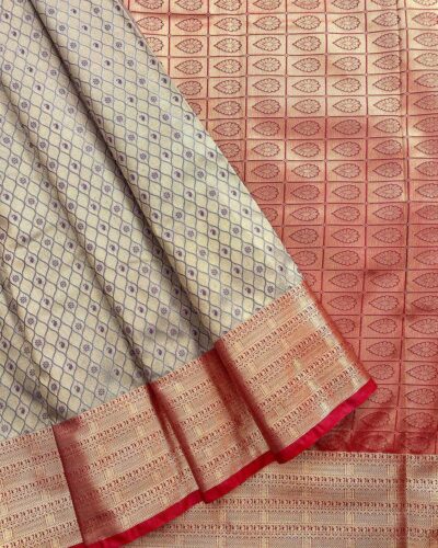 Zariam Semi Bridal Saree Cream Grey with Red pallu and antique zari - Adharsh Silks