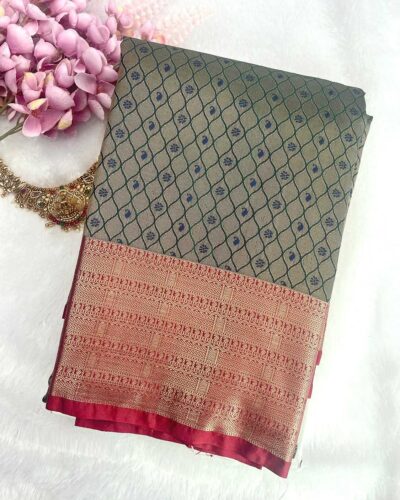 Zariam Semi Bridal Saree Dark Green with Red pallu and antique zari - Adharsh Silks