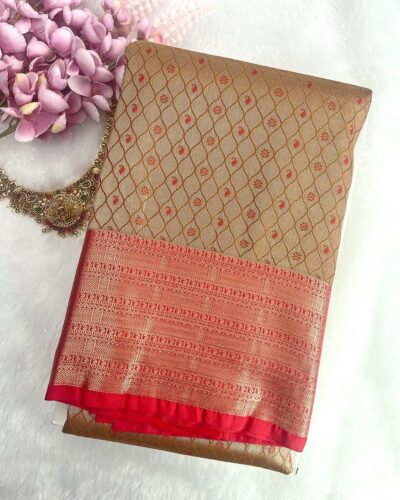 Zariam Semi Bridal Saree Golden Beige with Red pallu and antique zari - Adharsh Silks
