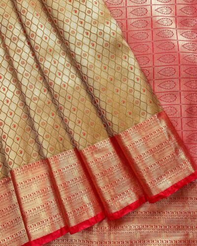 Zariam Semi Bridal Saree Golden Beige with Red pallu and antique zari - Adharsh Silks