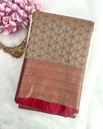 Zariam Semi Bridal Saree Sandalwood Brown with Red pallu and antique zari - Adharsh Silks