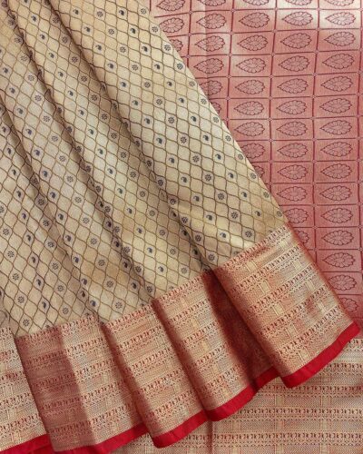 Zariam Semi Bridal Saree Sandalwood Brown with Red pallu and antique zari - Adharsh Silks
