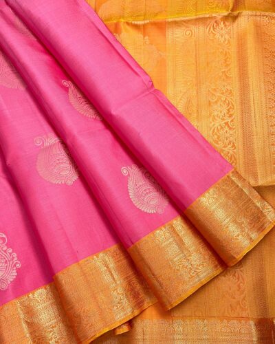 Kanchi Border Pure Silk Saree Pink Gold - front open-spread view