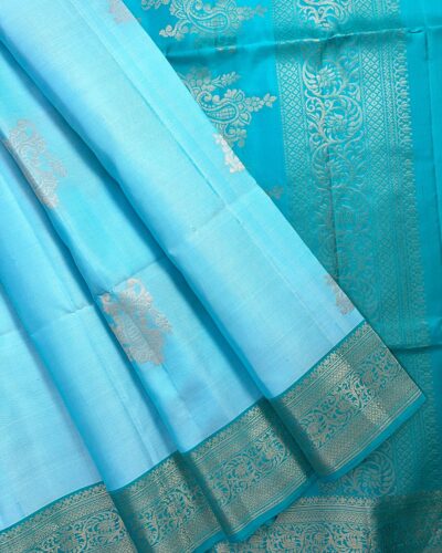Kanchi Border Pure Silk Saree Turquoise Blue - front open-spread view