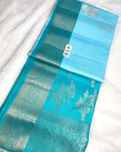 Kanchi Border Pure Silk Saree Turquoise Blue - folded view