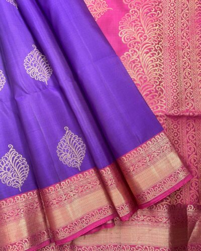 Kanchi Border Pure Silk Saree Violet Pink - front open-spread view