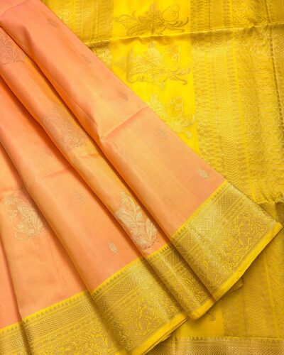Kanchi Border Pure Silk Saree Peach Yellow - front open-spread view