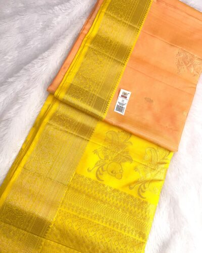 Kanchi Border Pure Silk Saree Peach Yellow - folded view