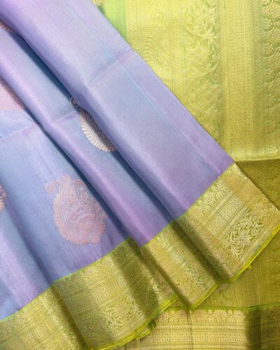 Kanchi Border Pure Silk Saree Lavender Green - front open-spread view