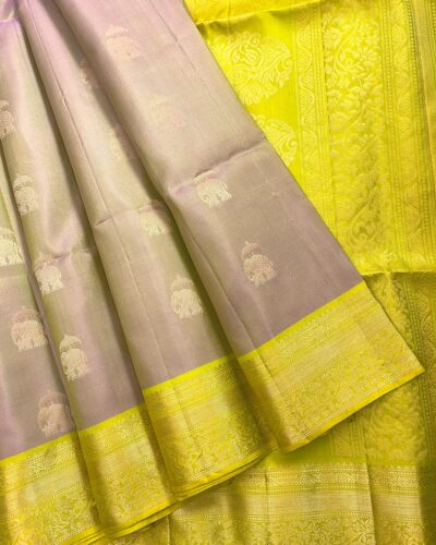 Kanchi Border Pure Silk Saree Dusty Mauve Yellow - front open-spread view