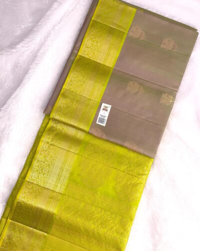 Kanchi Border Pure Silk Saree Dusty Mauve Yellow - folded view