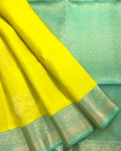 Kanchi Border Pure Silk Saree Yellow Teal - front open-spread view