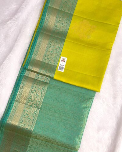 Kanchi Border Pure Silk Saree Yellow Teal - folded view