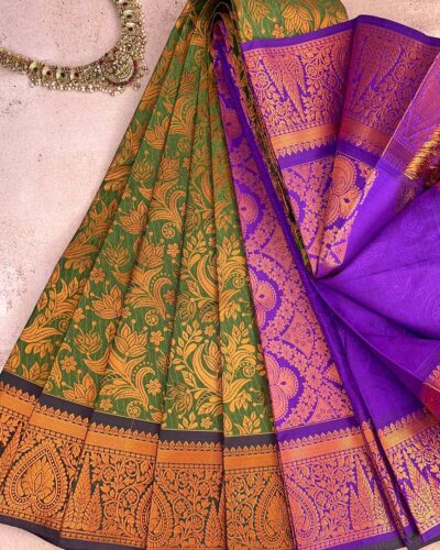 Budget Semi Bridal Saree | Green | Purple - Adharsh Silks