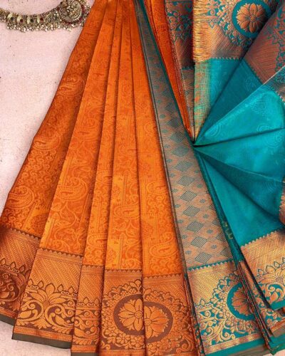 Budget Semi Bridal Saree | Rust | Teal Orange - Adharsh Silks