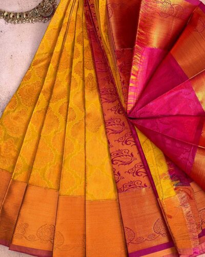 Budget Semi Bridal Saree | Mustard | Dark Pink - Adharsh Silks