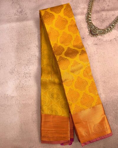 Budget Semi Bridal Saree | Mustard | Dark Pink - Adharsh Silks