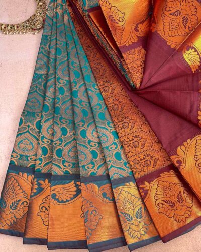 Budget Semi Bridal Saree | Teal Green | Maroon - Adharsh Silks