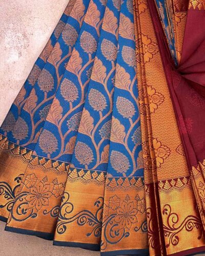 Budget Semi Bridal Saree | Navy Blue | Maroon - Adharsh Silks