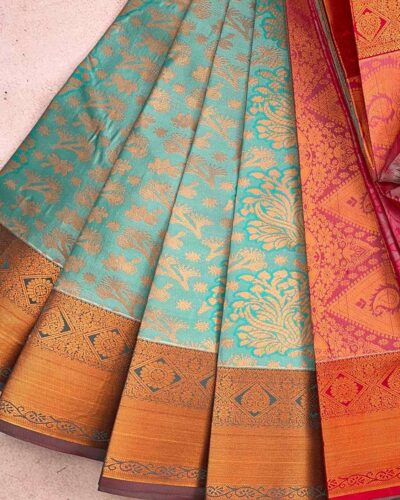 Budget Semi Bridal Saree | Turquoise | Pink - Adharsh Silks