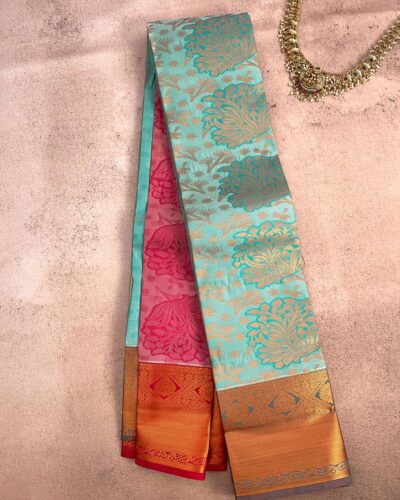 Budget Semi Bridal Saree | Turquoise | Pink - Adharsh Silks