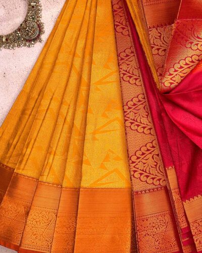 Budget Semi Bridal Saree | Mustard | Maroon - Adharsh Silks