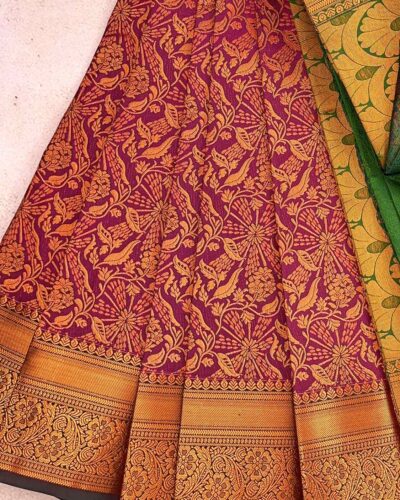 Budget Semi Bridal Saree | Dark Magenta | Dark Green - Adharsh Silks