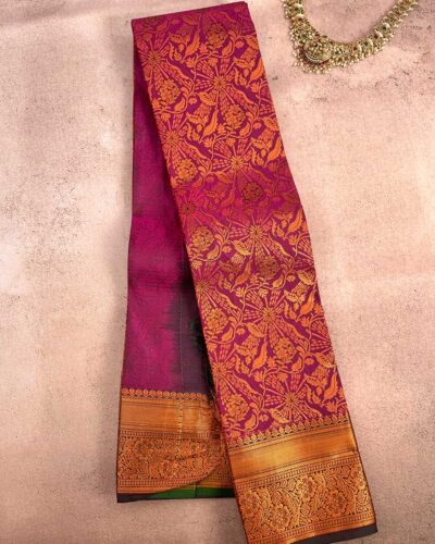Budget Semi Bridal Saree | Dark Magenta | Dark Green - Adharsh Silks
