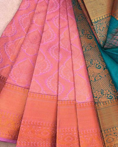 Budget Semi Bridal Saree | Pink | Dark Teal - Adharsh Silks