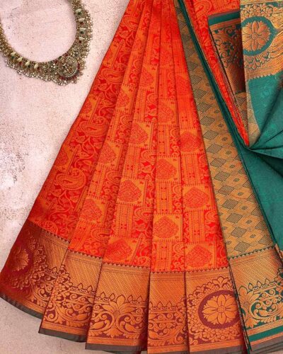 Budget Semi Bridal Saree | RED | Teal Green - Adharsh Silks