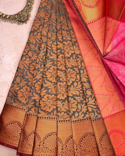 Budget Semi Bridal Saree | Grey | Rani Pink - Adharsh Silks