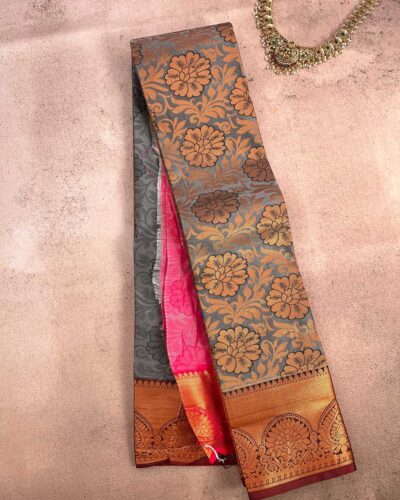 Budget Semi Bridal Saree | Grey | Rani Pink - Adharsh Silks