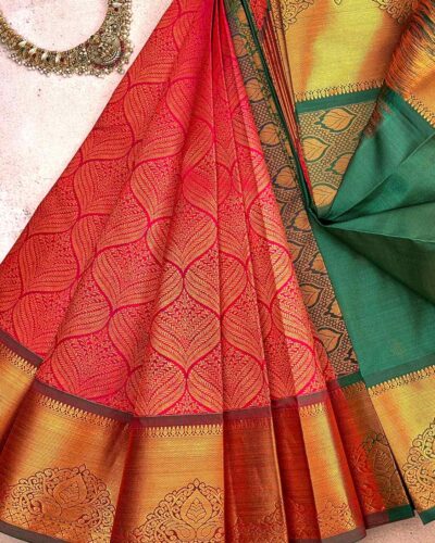 Budget Semi Bridal Saree | RED | Green - Adharsh Silks