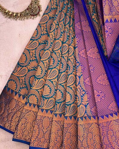 Budget Semi Bridal Saree | Peacock Blue | Purple - Adharsh Silks
