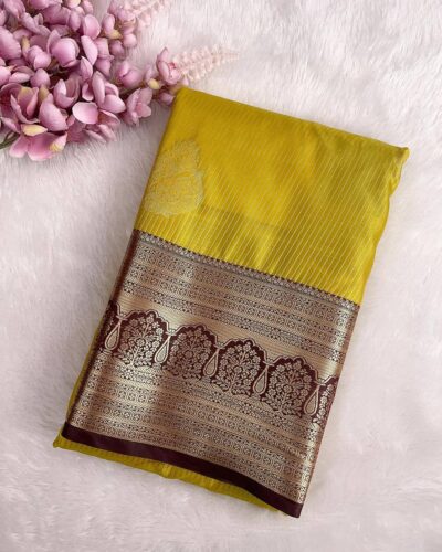 Aaranya - Semi Kanchi Korvai Soft Silk Saree - Lemon Yellow - Coffee Brown - folded view